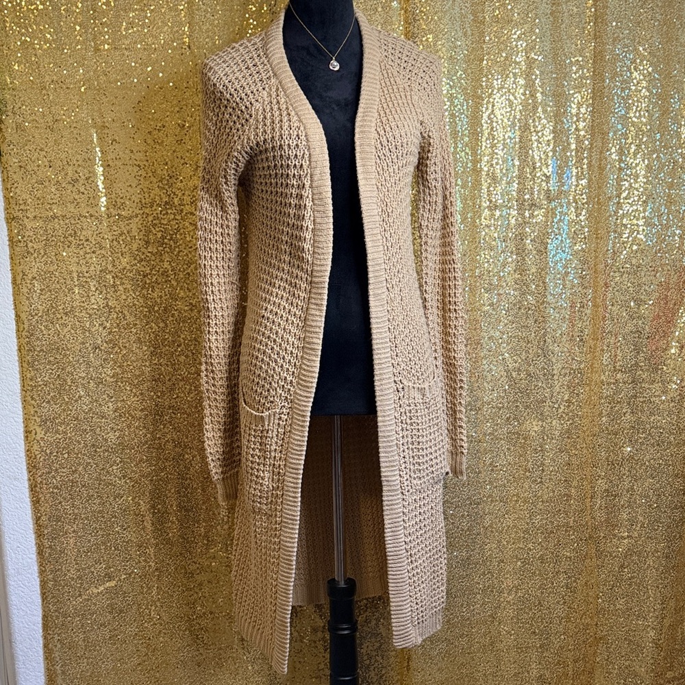 Women's Long Open-Front Knit Cardigan Sweater - Camel